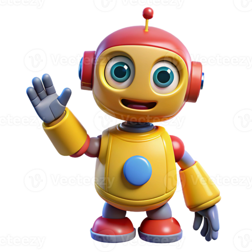 impressive rustic A friendly, cartoonish robot with bright primary colors and oversized eyes, waving hello, lit by soft, diffused lighting, in a whimsical, playful style premium png
