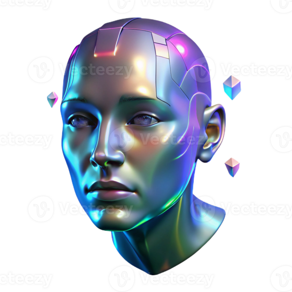 serene modern A holographic projection of a human face, fragmented and glitching, floats in the darkness, illuminated by flickering, neon signs. Vaporwave style original png