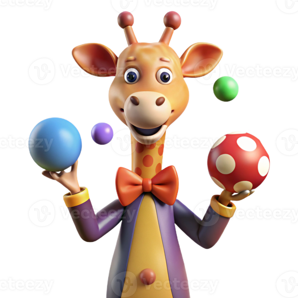 beautiful artistic A nervous giraffe wearing a bow tie and juggling colorful balls, spotlighted under bright, circus lights, drawn in a rubber hose animation style high resolution png