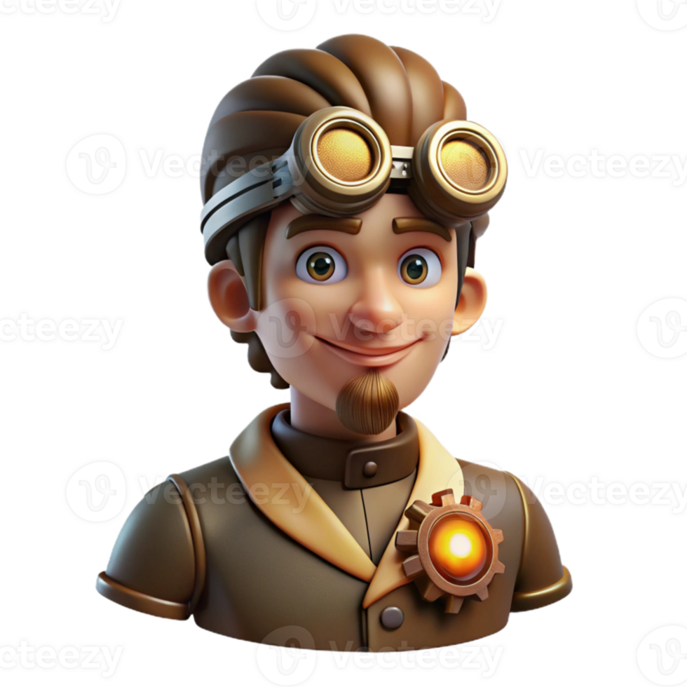 wonderful contemporary Portrait of a steampunk inventor with goggles and gears, lit by flickering gaslight, steampunk art style authentic png