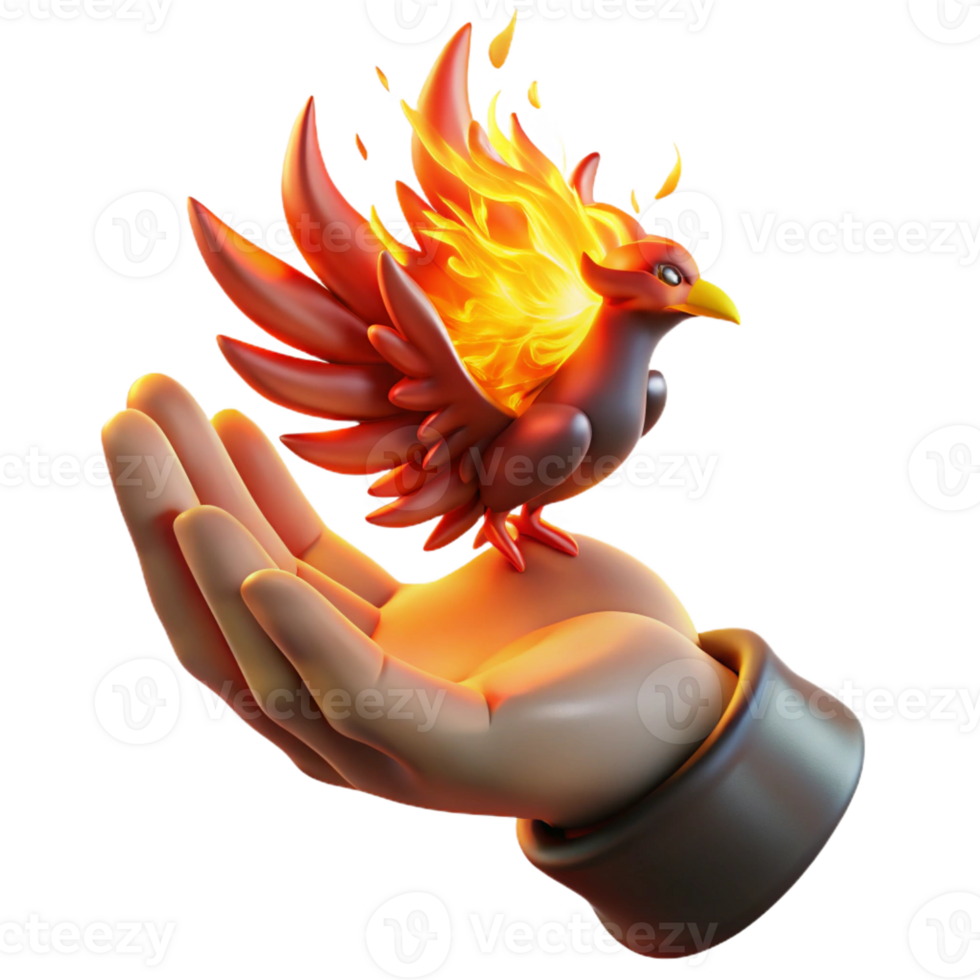stunning modern A withered hand conjuring a miniature phoenix from ruby red embers, backlit by a fiery sunset glow, in a gritty realism style high quality png