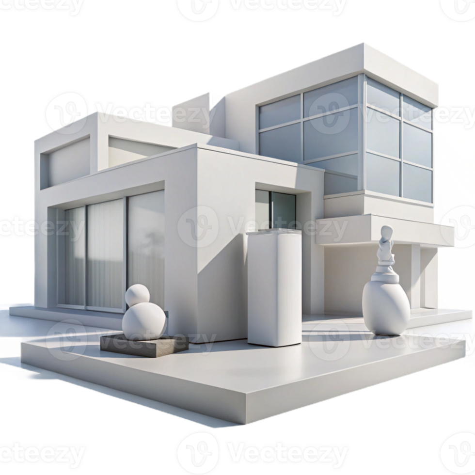 wonderful minimalist Modern art museum, white concrete walls, large windows, abstract sculptures, minimalist design, bright daylight high quality png