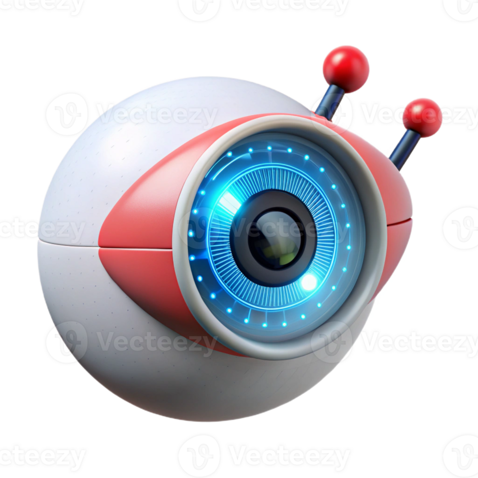 serene minimalist A transparent robotic eye scanning a binary code stream, intricate internal mechanisms visible, illuminated by a red laser beam exclusive png