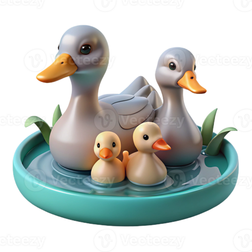 elegant modern A family of ducks swimming in a pond, serene setting, realistic style high quality png