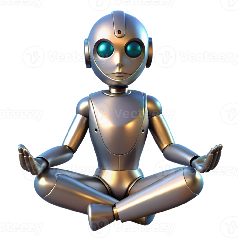 extraordinary artistic A humanoid robot meditating in a lotus position, metallic texture, soft lighting, spiritual and technological theme exclusive png