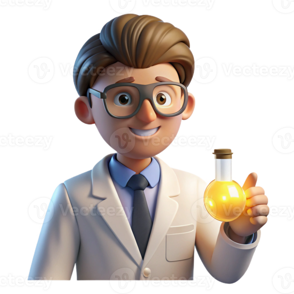 beautiful contemporary Portrait of a thoughtful scientist with spectacles and a lab coat, holding a beaker, lit by a bright lab light, in a realistic style detailed png