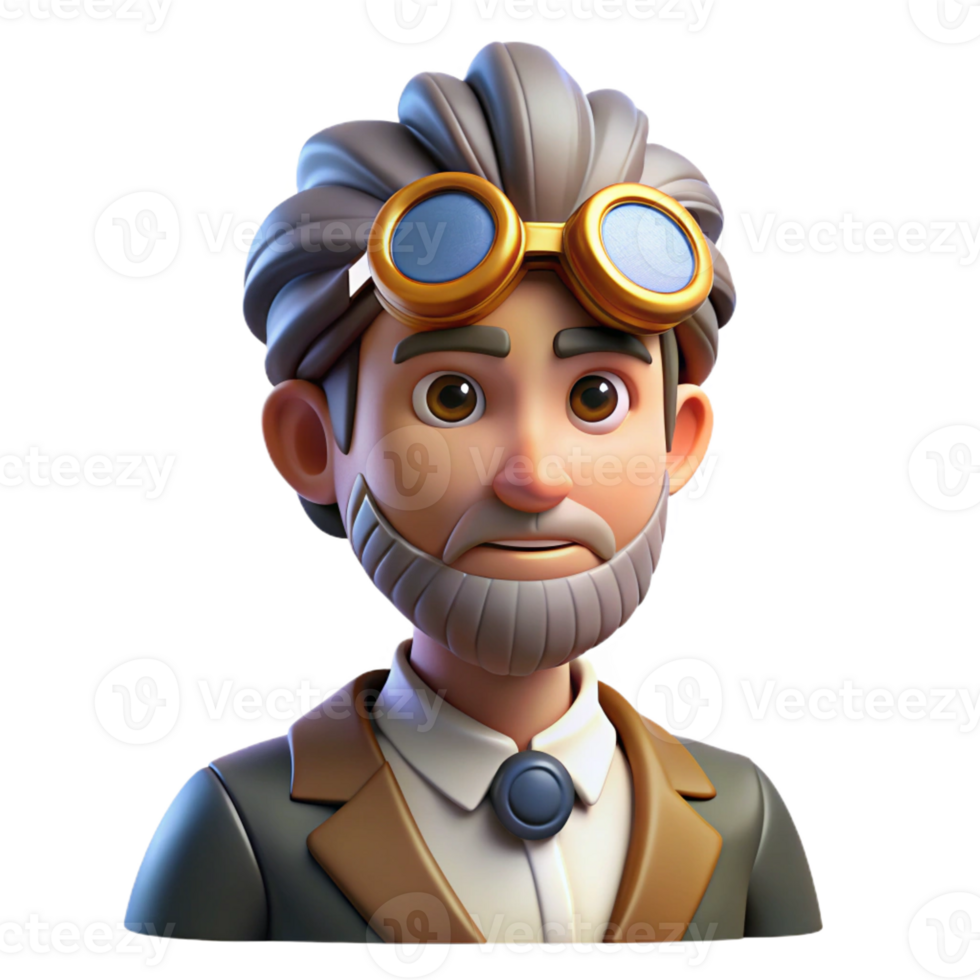 elegant artistic Portrait of an eccentric inventor with goggles and gears, illuminated by the warm light of a steampunk workshop, rendered in a cartoonish style high resolution png