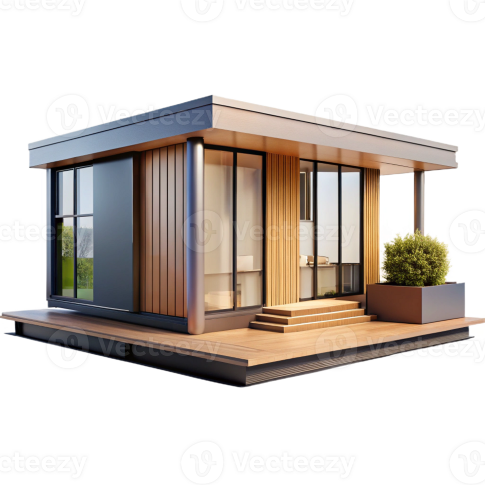 elegant abstract Prefabricated modular home, minimalist design, large windows, natural light, modern architecture, 8k, premium png