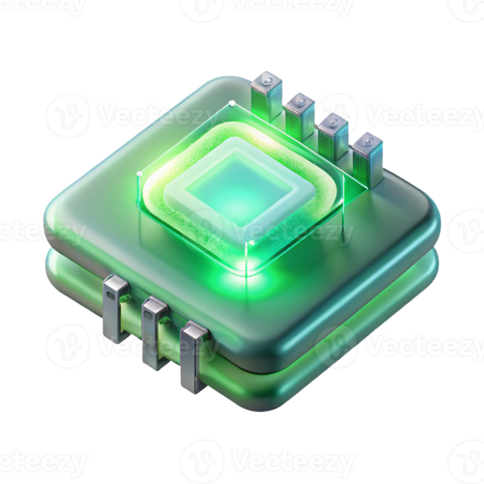 dramatic abstract A single, glowing microchip levitating, intricate circuitry visible within its transparent casing, bathed in an ethereal green light high quality png