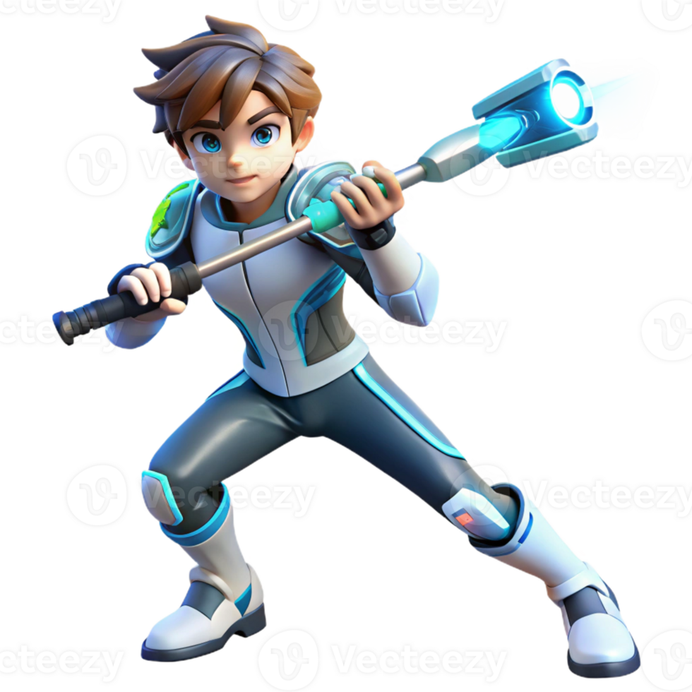 stunning minimalist A stylish anime boy with a futuristic outfit, holding a glowing weapon, dynamic lighting, cyberpunk anime style, action pose premium png