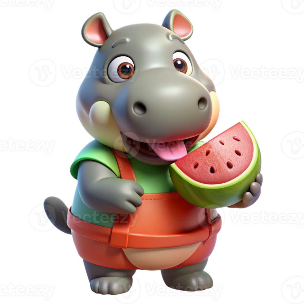 extraordinary contemporary A hungry hippopotamus wearing a bib and eating a giant watermelon, spotlighted under a bright, summer picnic light, drawn in a chubby, comedic cartoon style 4K png