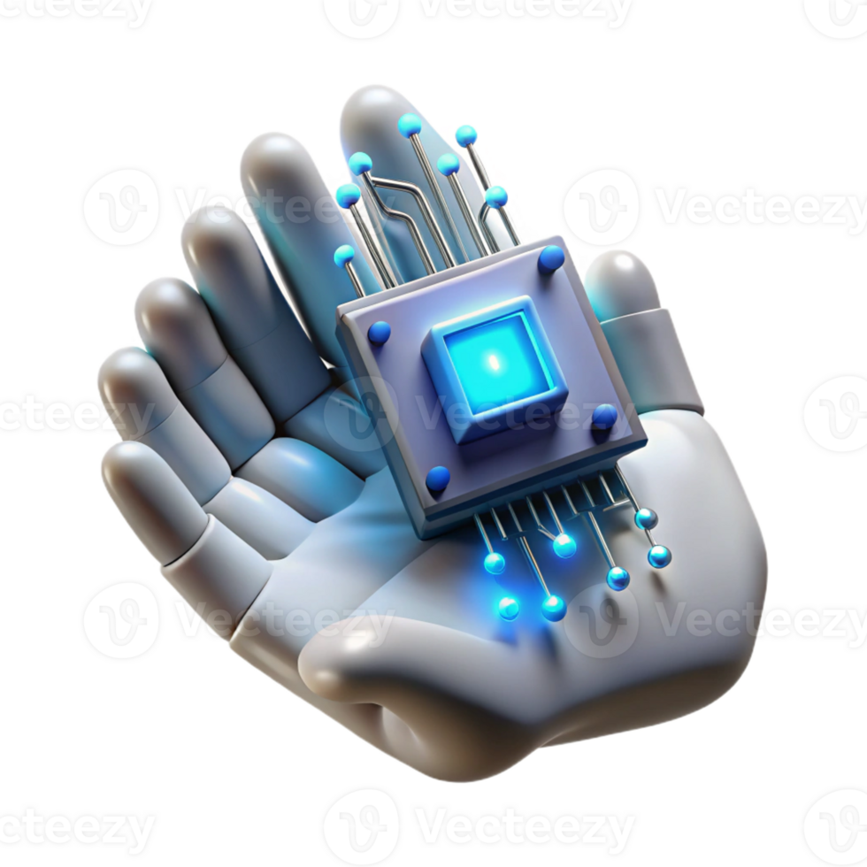 vibrant contemporary A close-up of a cybernetic hand holding a glowing data chip, intricate wiring and metallic components visible, lit by a cool blue light 4K png