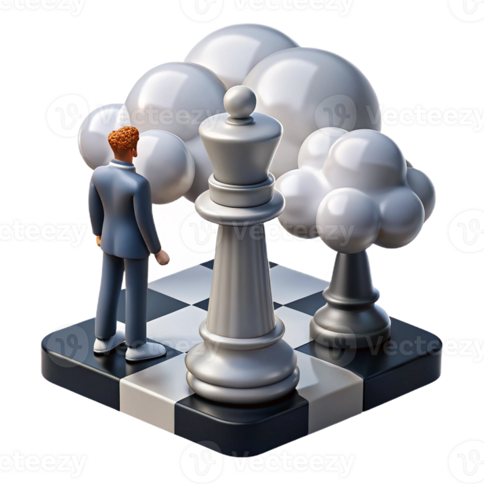 elegant minimalist A solitary figure with a birdcage head gazing at a giant chessboard made of clouds. Dreamlike, soft lighting detailed png
