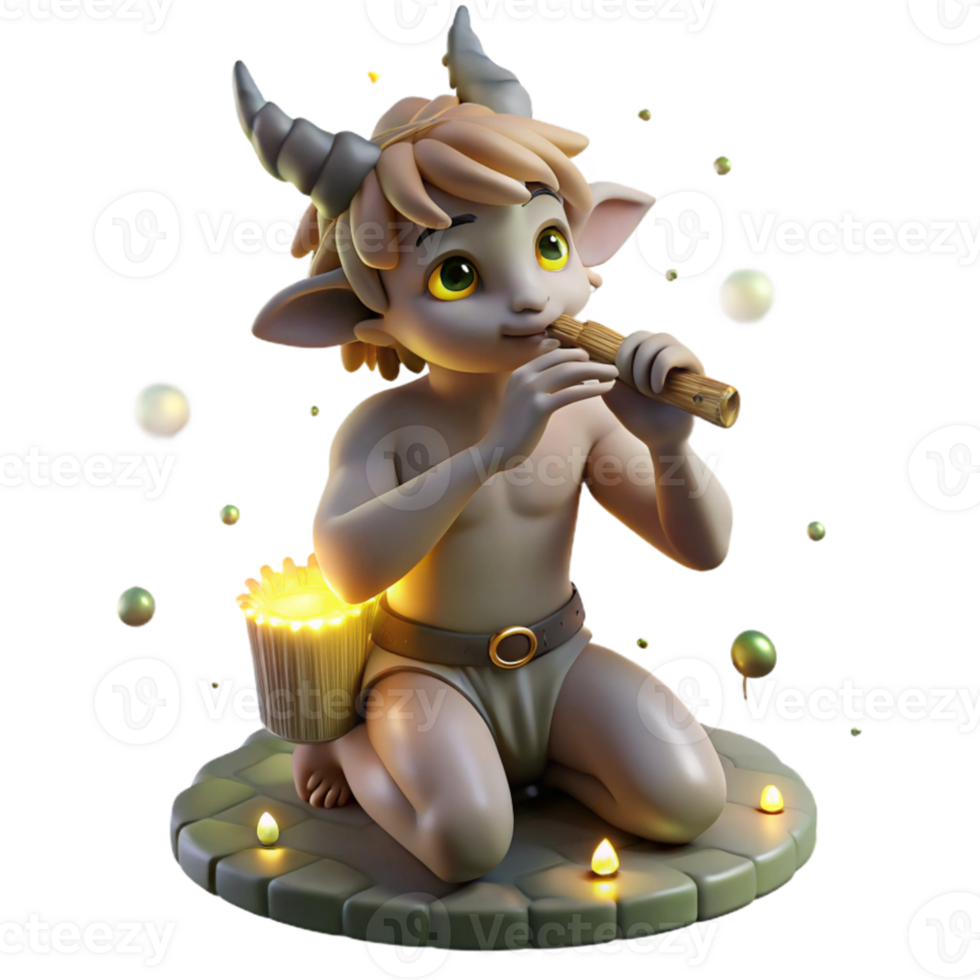 dramatic contemporary A mischievous satyr playing a pan flute, surrounded by dancing nymphs, lit by the soft glow of fireflies. Rococo style original png