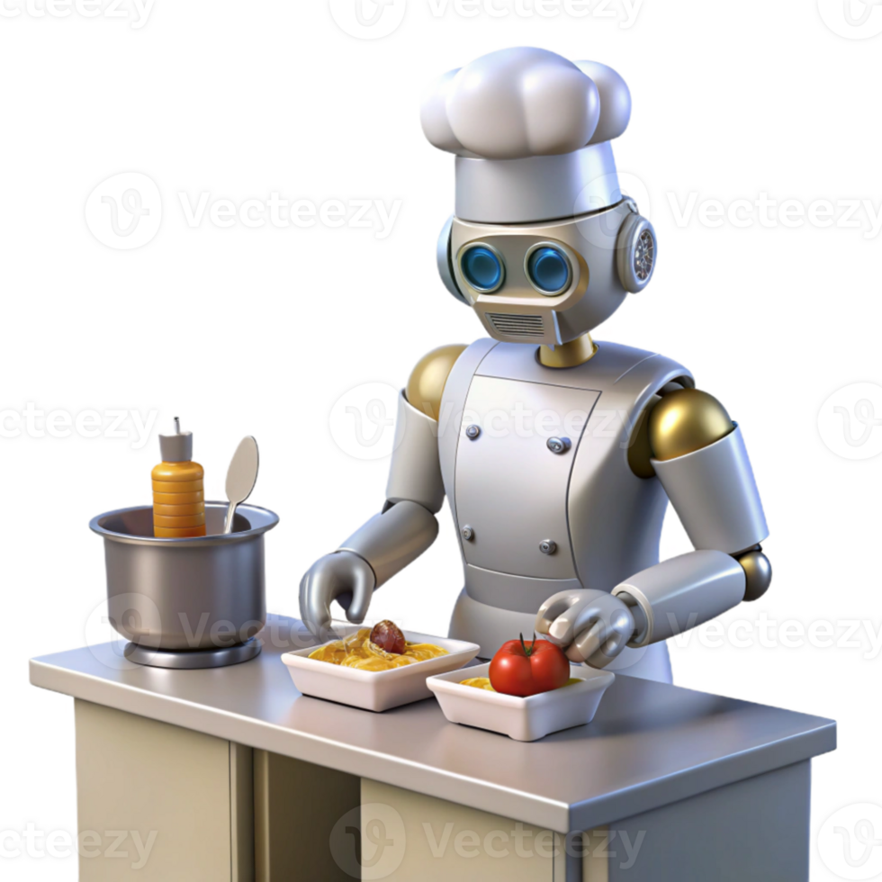 vibrant creative A robot chef preparing a meal in a futuristic kitchen, clean lighting, futuristic, minimalist style 4K png