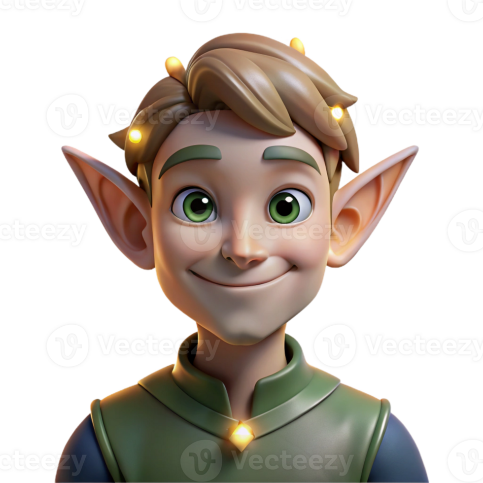 magnificent vintage Portrait of a mischievous elf with pointed ears and a playful smirk, lit by twinkling fairy lights, in a fantasy art style authentic png