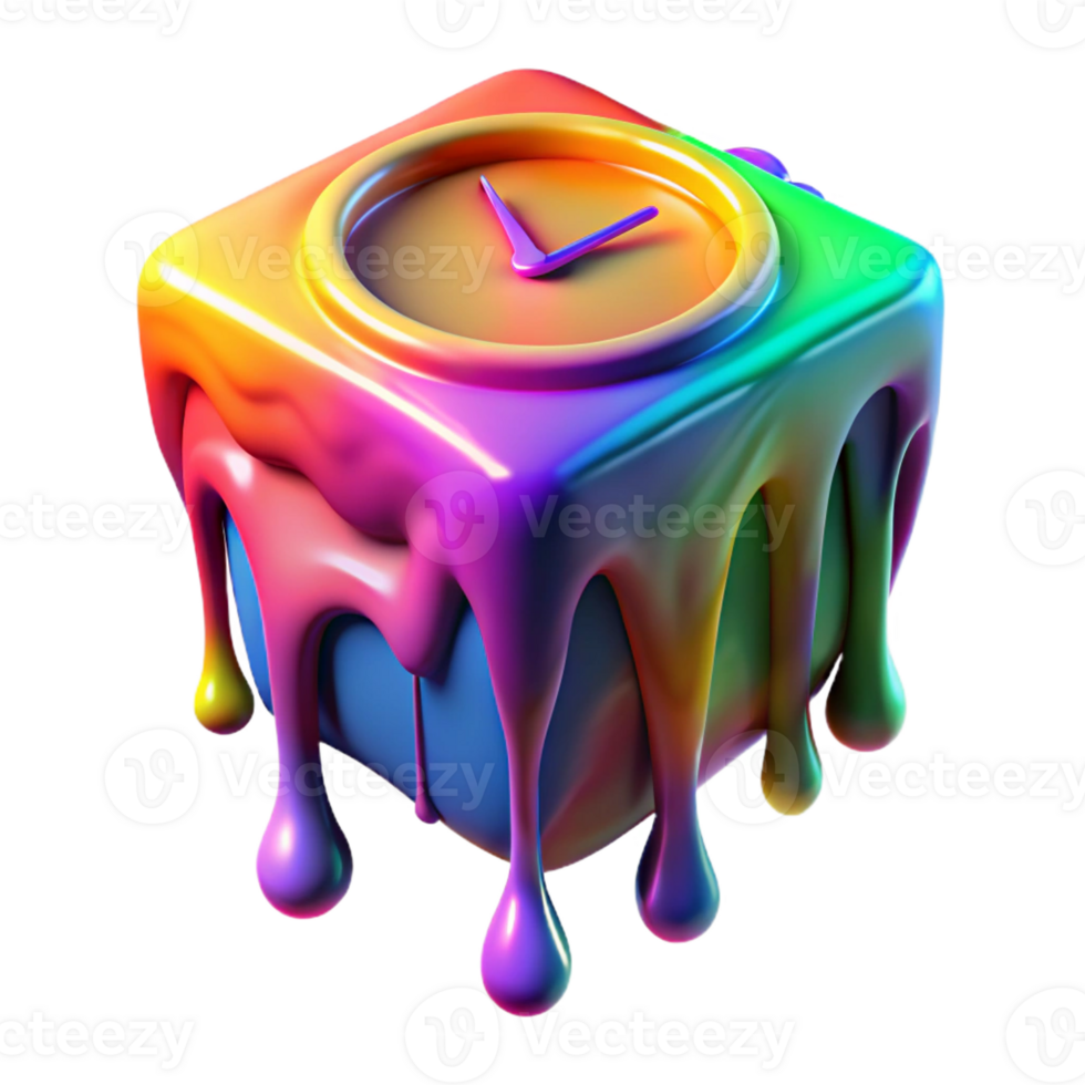 elegant classic A melting clock dripping vibrant rainbow hues onto a tessellated surface of morphing geometric shapes, lit by a pulsating black light, Surrealism style detailed png