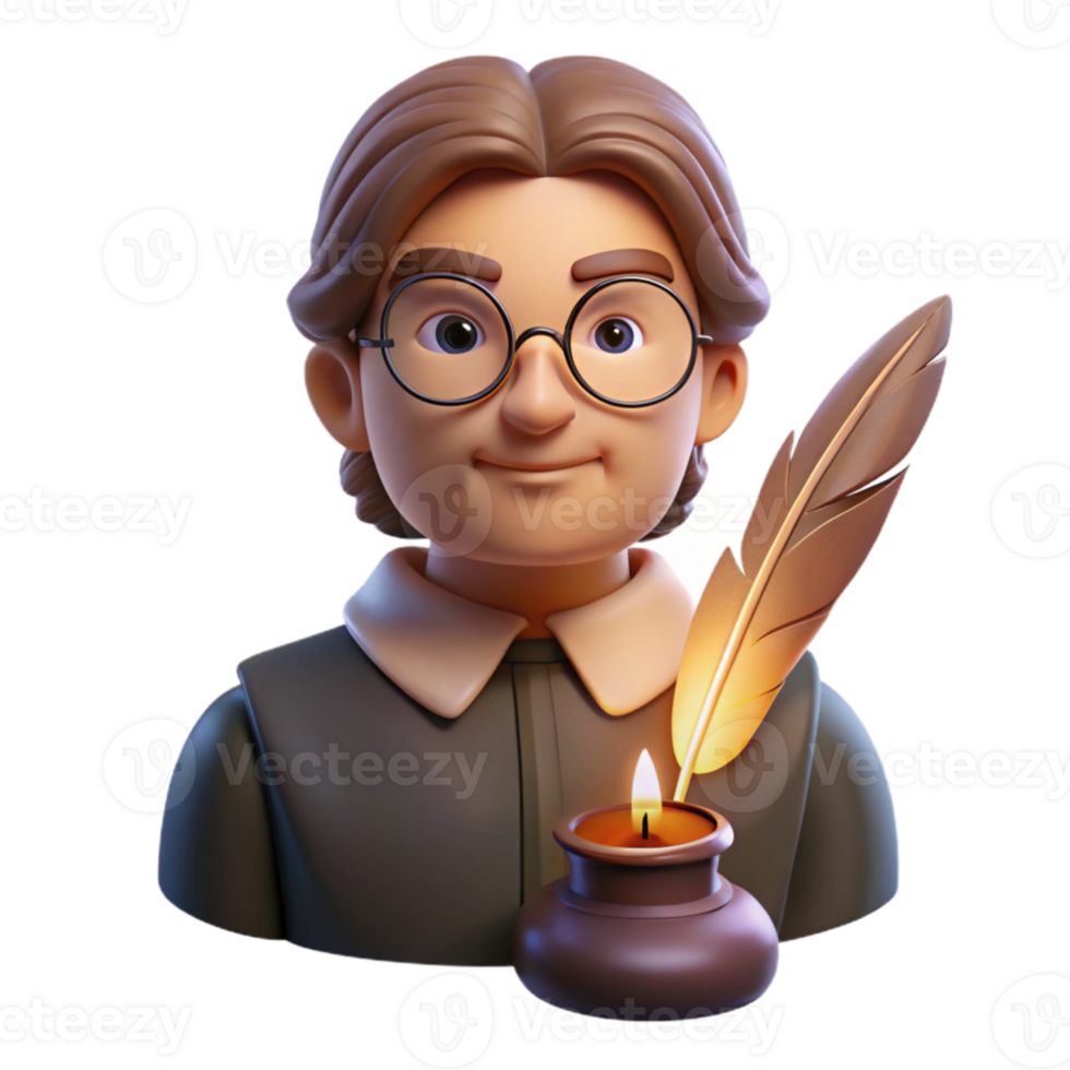 elegant modern Portrait of a pensive writer with spectacles and a quill pen, illuminated by warm candlelight, in a vintage style premium png
