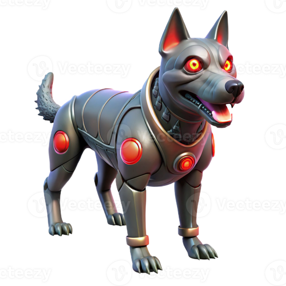 dramatic traditional A genetically modified canine with glowing red eyes and cybernetic implants, guarding a futuristic warehouse, its fur bristling with aggression original png