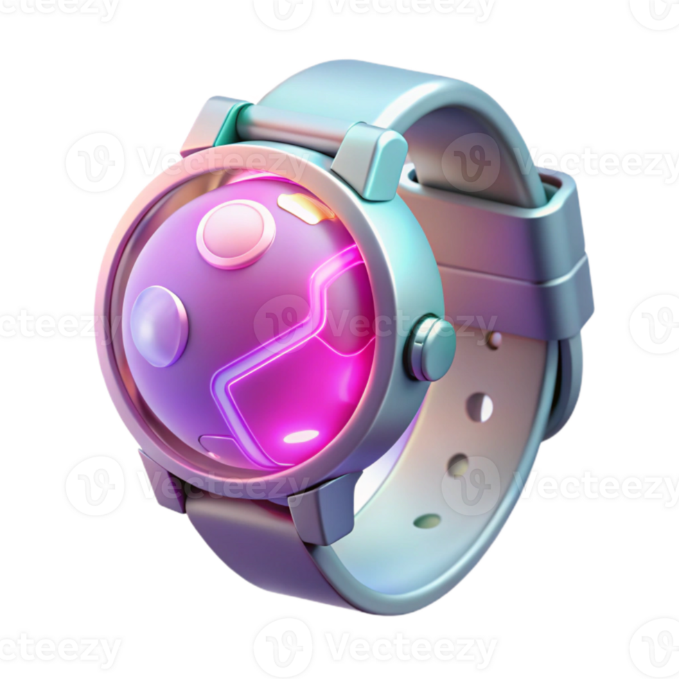 beautiful modern A futuristic, sleek silver and neon pink smartwatch displaying holographic planet Earth, glowing with internal light, cyberpunk style professional png