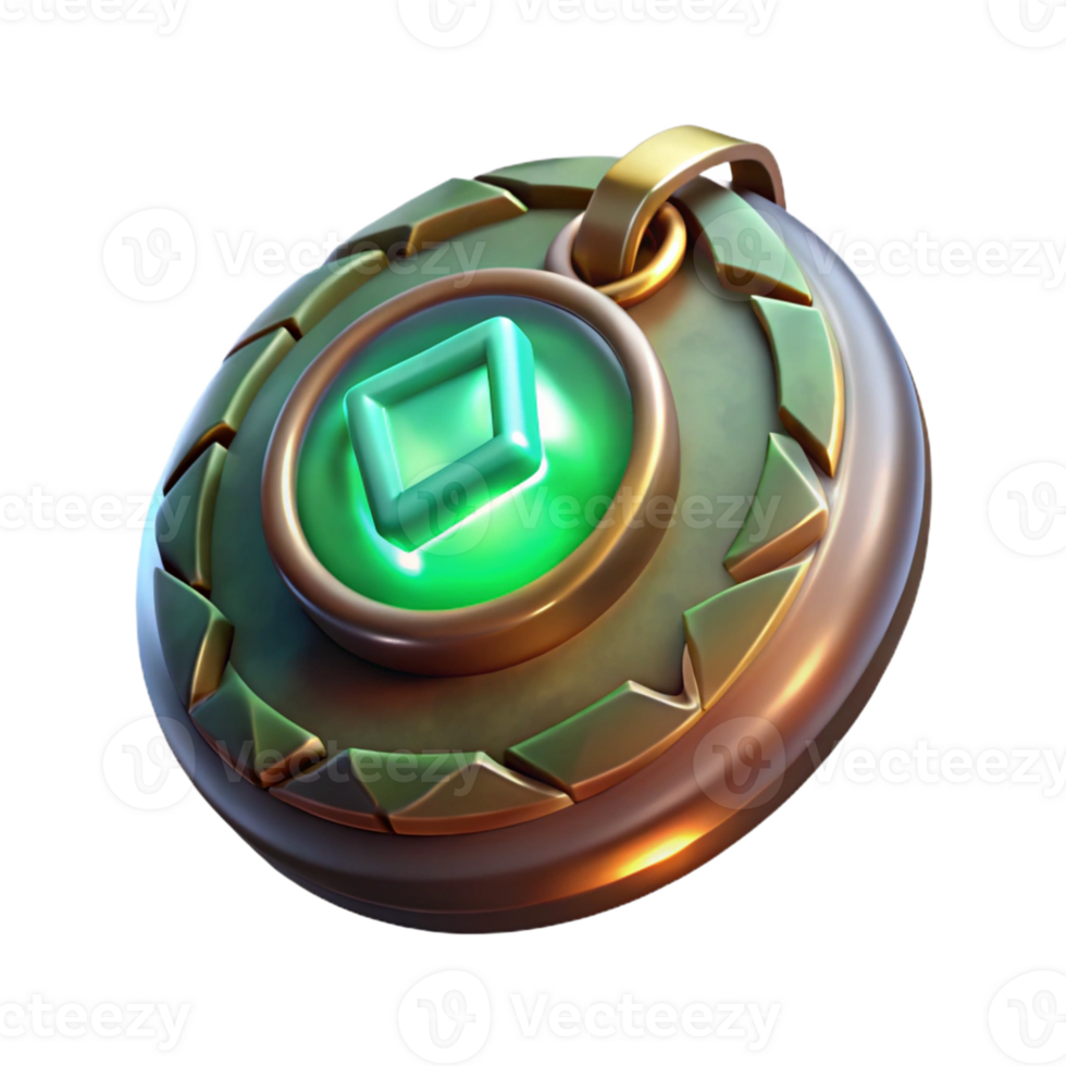 serene classic A hovering ancient amulet inscribed with glowing runes, emitting a soft green light, under a soft spotlight, in a fantasy RPG art style 4K png