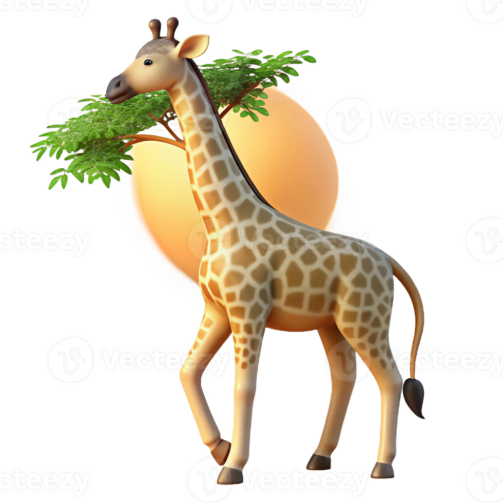 vibrant artistic A graceful giraffe reaching for acacia leaves, sunset lighting, impressionist style professional png