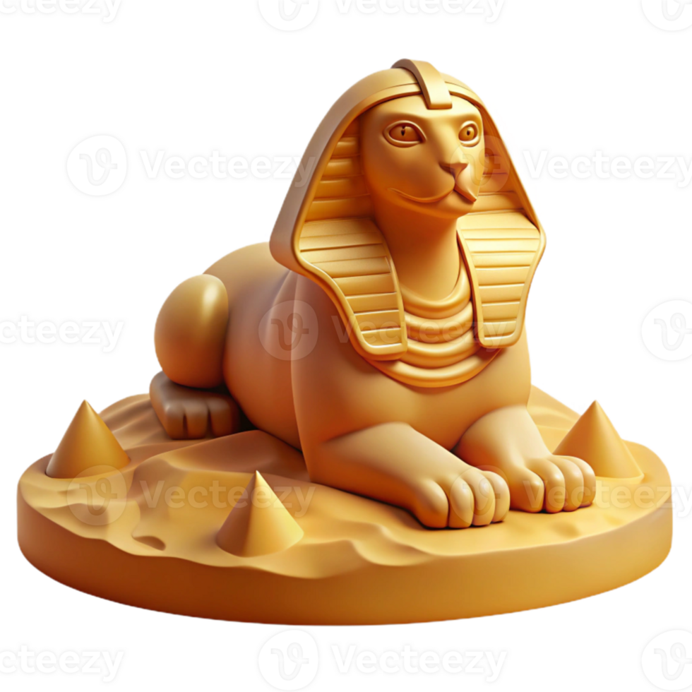 dramatic contemporary A powerful sphinx posing a riddle, surrounded by desert sands, lit by the harsh midday sun. Egyptian mythology, realistic style high quality png