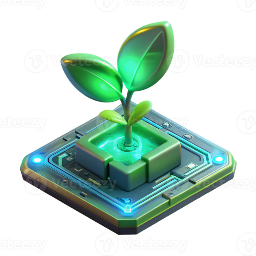 extraordinary contemporary A bioluminescent plant growing on a futuristic circuit board, emitting a soft, green glow, illuminated by a dim, ambient light. Biopunk style genuine png