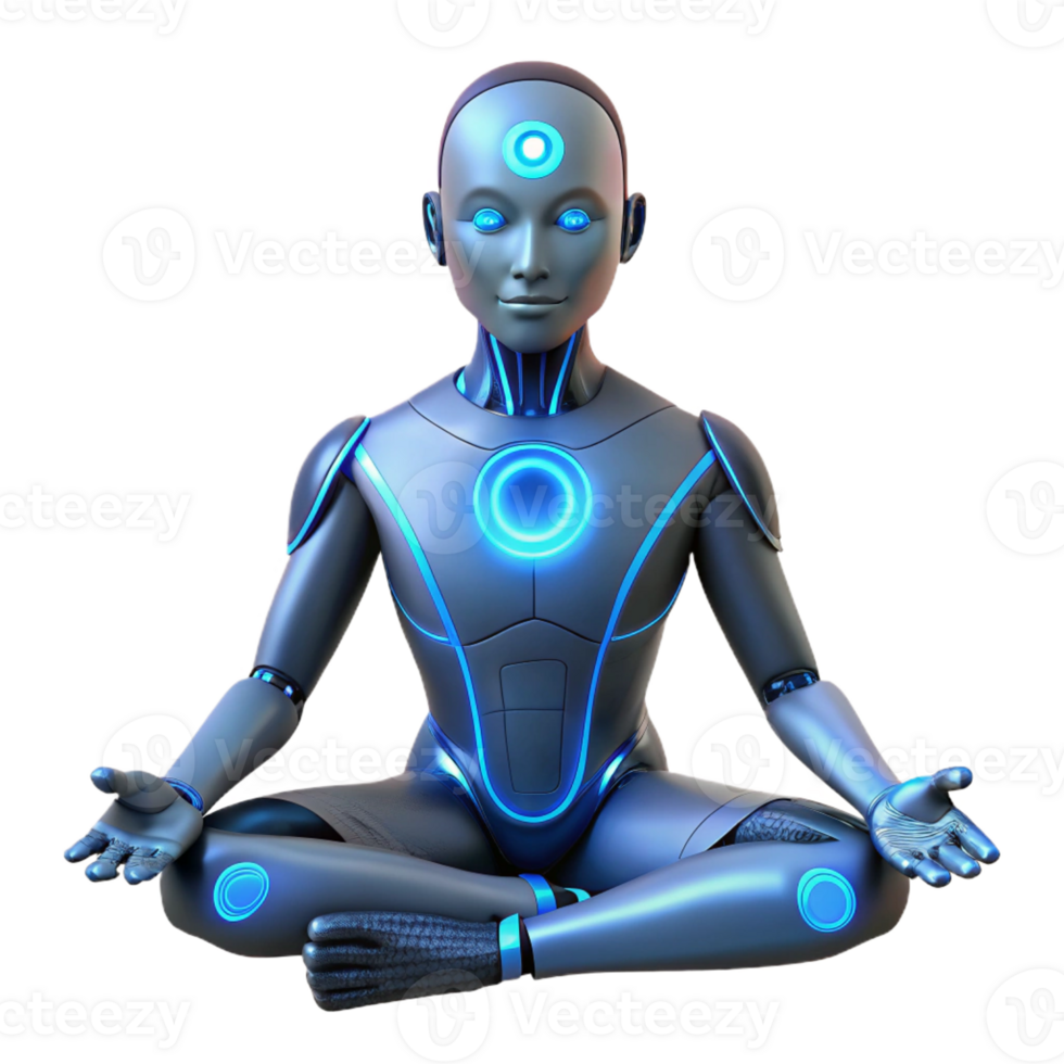 extraordinary traditional A cyborg with glowing blue circuitry visible beneath their synthetic skin, meditating in a dimly lit room, a sense of tranquility and inner peace high resolution png