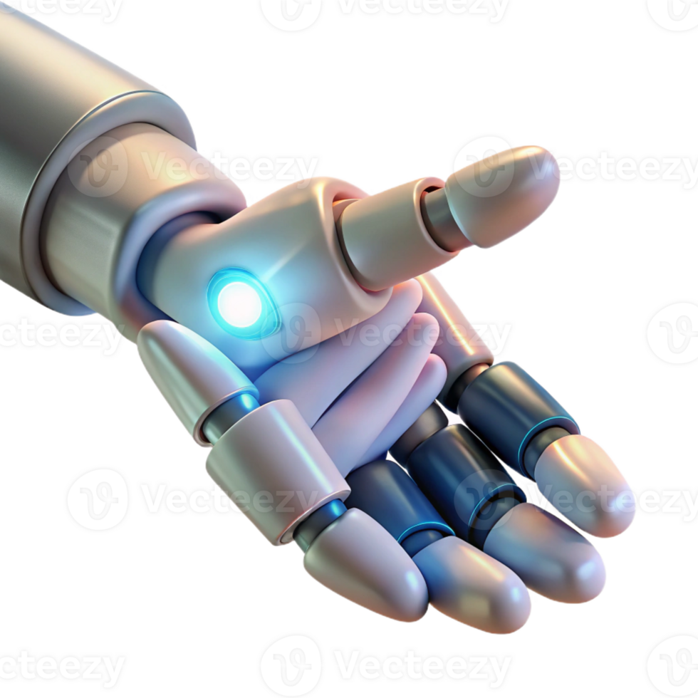 extraordinary minimalist A robotic hand delicately holding a human hand, illuminated by soft, emotional lighting, in a poignant, humanistic style premium png