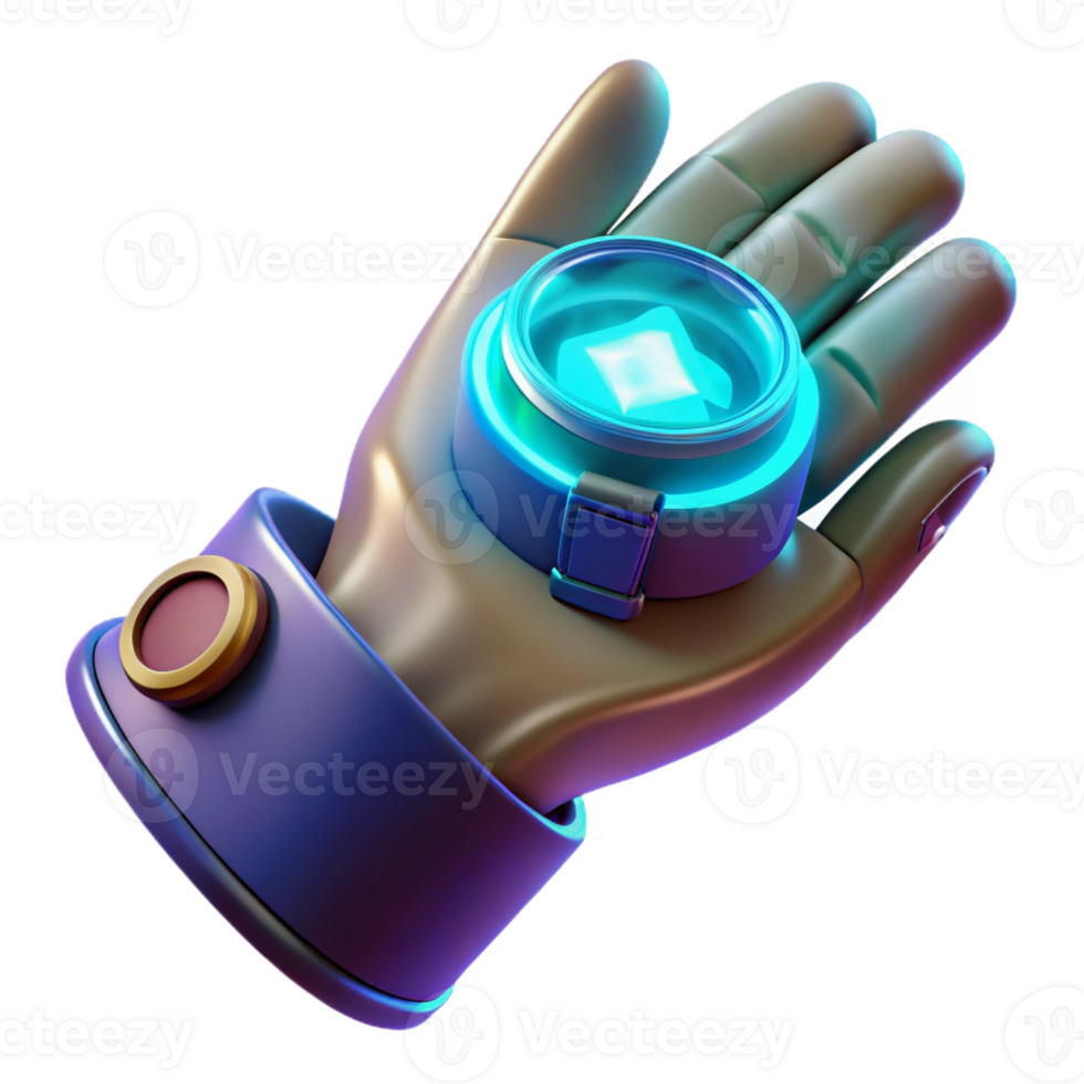 stunning vintage A futuristic, wearable device with sleek design and holographic interface projected onto the user's hand, illuminated by a dynamic, pulsating light in a technology style premium png