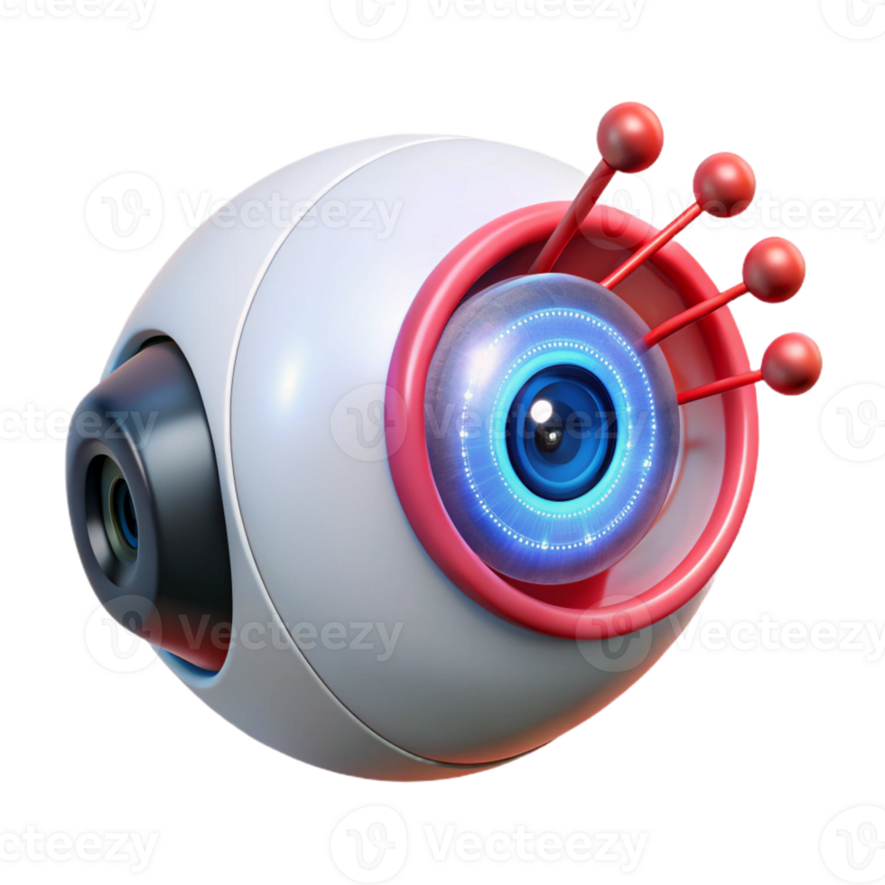 beautiful rustic A transparent robotic eye scanning a binary code stream, intricate internal mechanisms visible, illuminated by a red laser beam authentic png