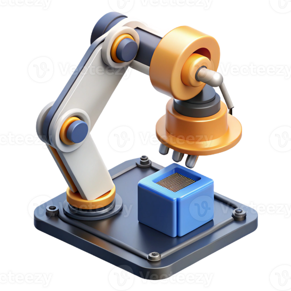 dramatic creative A robotic arm assembling a microchip, industrial setting, realistic lighting and textures professional png