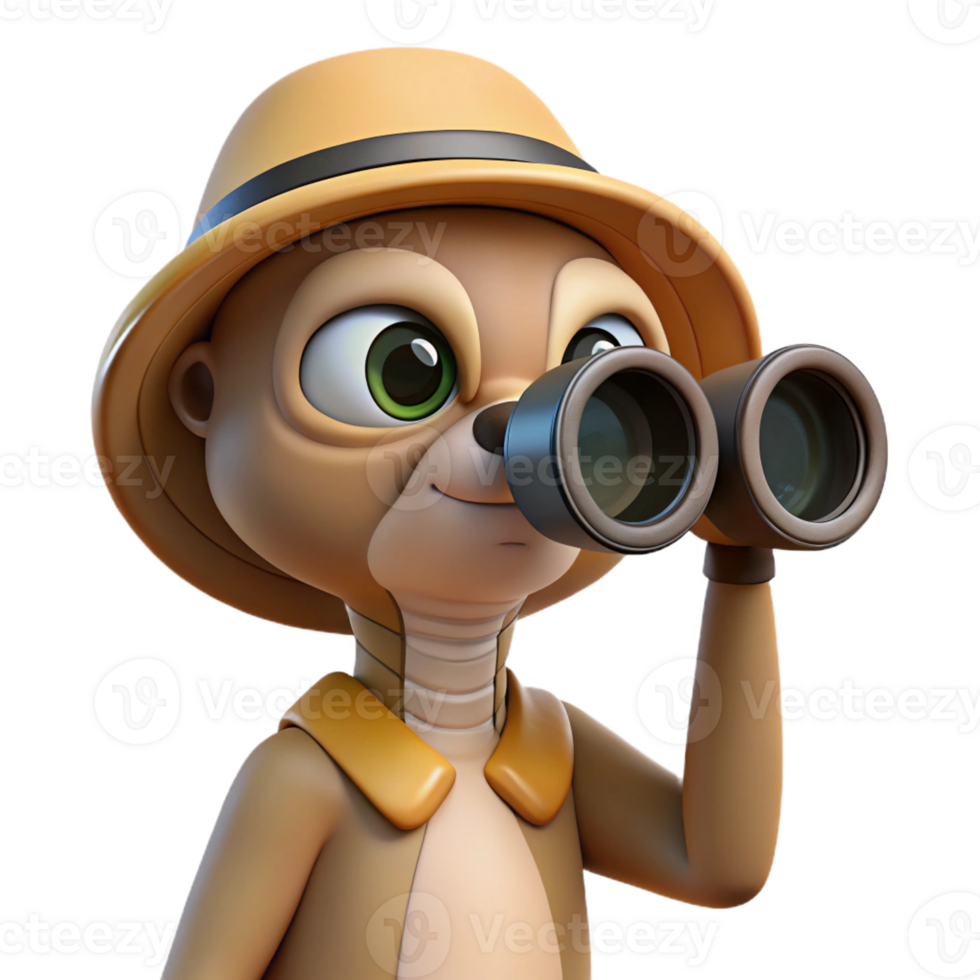 magnificent artistic A curious meerkat wearing a safari hat and peering through binoculars, lit by a bright, African savanna sunlight, drawn in a documentary-style cartoon professional png