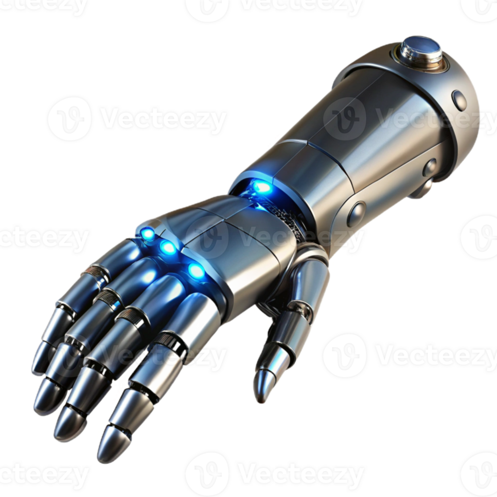 vibrant modern A sleek silver and black cybernetic prosthetic arm, intricate wiring and glowing LEDs exposed, dramatic chiaroscuro lighting, biopunk style genuine png