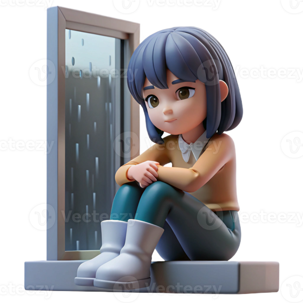 vibrant artistic A melancholic anime girl sitting by a window, gazing at the rain, soft lighting, emotional anime style, introspective pose genuine png