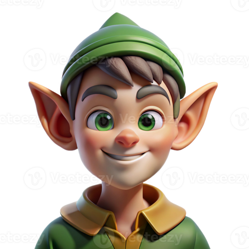 impressive rustic Portrait of a mischievous elf with pointed ears and a playful smirk, lit by dappled forest light, in a whimsical style premium png