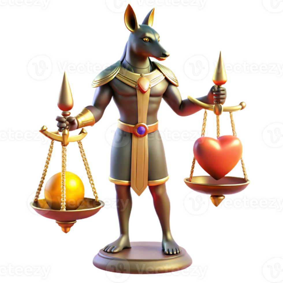 vibrant rustic A proud Anubis with the head of a jackal and the body of a man, weighing a heart on a golden scale, illuminated by a divine light. Ancient Egyptian style original png