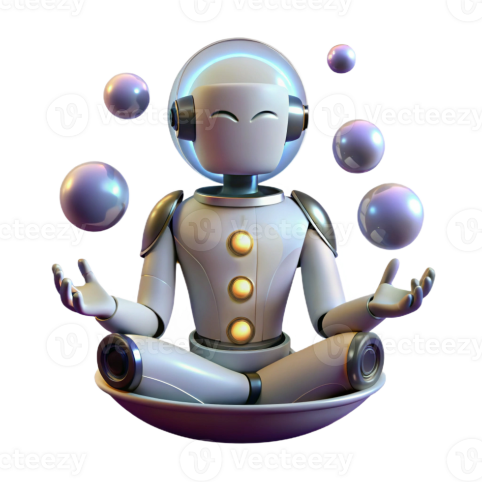 magnificent abstract A humanoid robot with glowing eyes meditates in a zero-gravity chamber, surrounded by floating orbs of light. Ambient lighting, spiritual style exclusive png