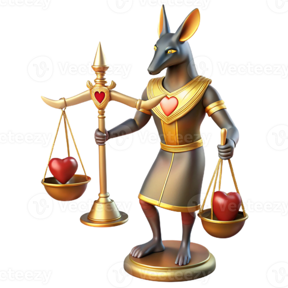stunning rustic Anubis, the jackal-headed god, weighing a heart against a feather on golden scales, hieroglyphs etched on the scales, ancient Egyptian art style 4K png