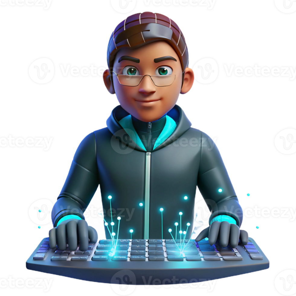 stunning contemporary A young hacker with glowing data streams projected onto their face, fingers flying across a holographic keyboard, immersed in the digital world high resolution png