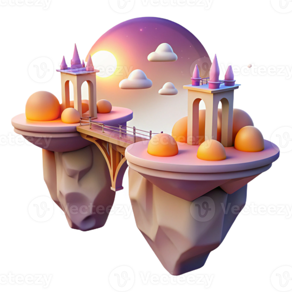 impressive creative Floating islands connected by bridges of light, vibrant sunset, dreamlike atmosphere, Art Nouveau architecture authentic png