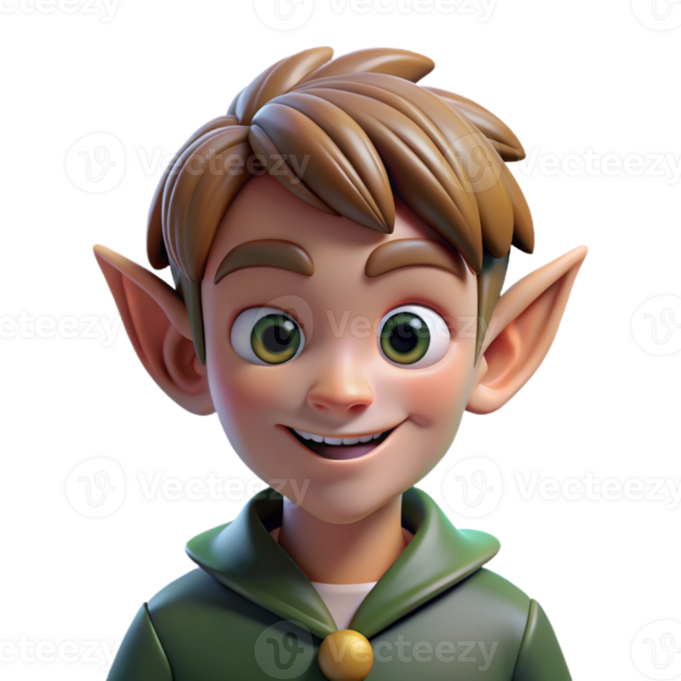 vibrant modern Portrait of a mischievous elf with pointed ears and a playful smirk, lit by dappled forest light, in a whimsical style genuine png