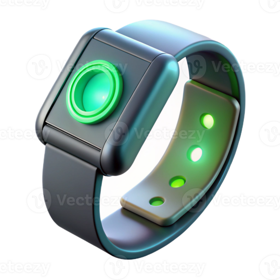 dramatic contemporary A futuristic, wearable technology armband displaying biometric data, glowing with a pulsating green light. Product design, minimalist style detailed png