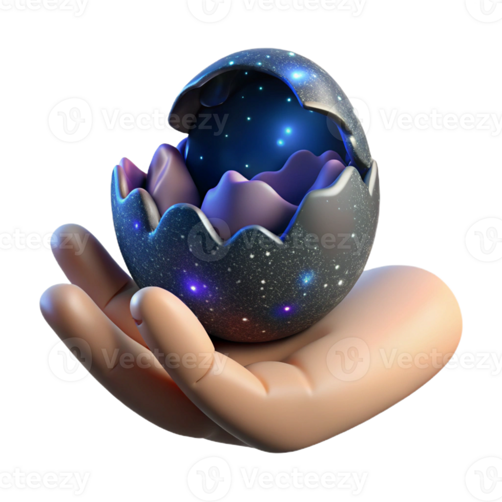 magnificent minimalist A human hand emerging from a cracked eggshell holding a miniature galaxy. Chiaroscuro lighting premium png