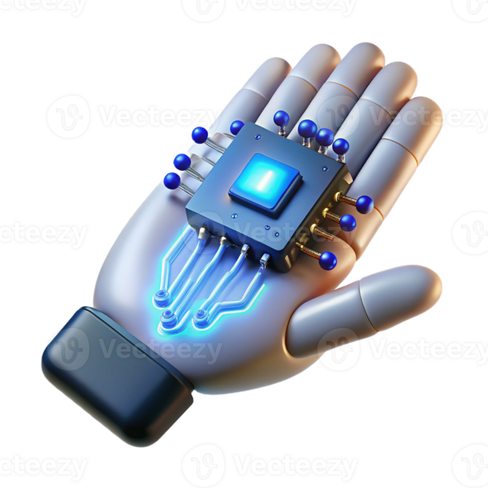 stunning abstract A close-up of a cybernetic hand holding a glowing data chip, intricate wiring and metallic components visible, lit by a cool blue light premium png