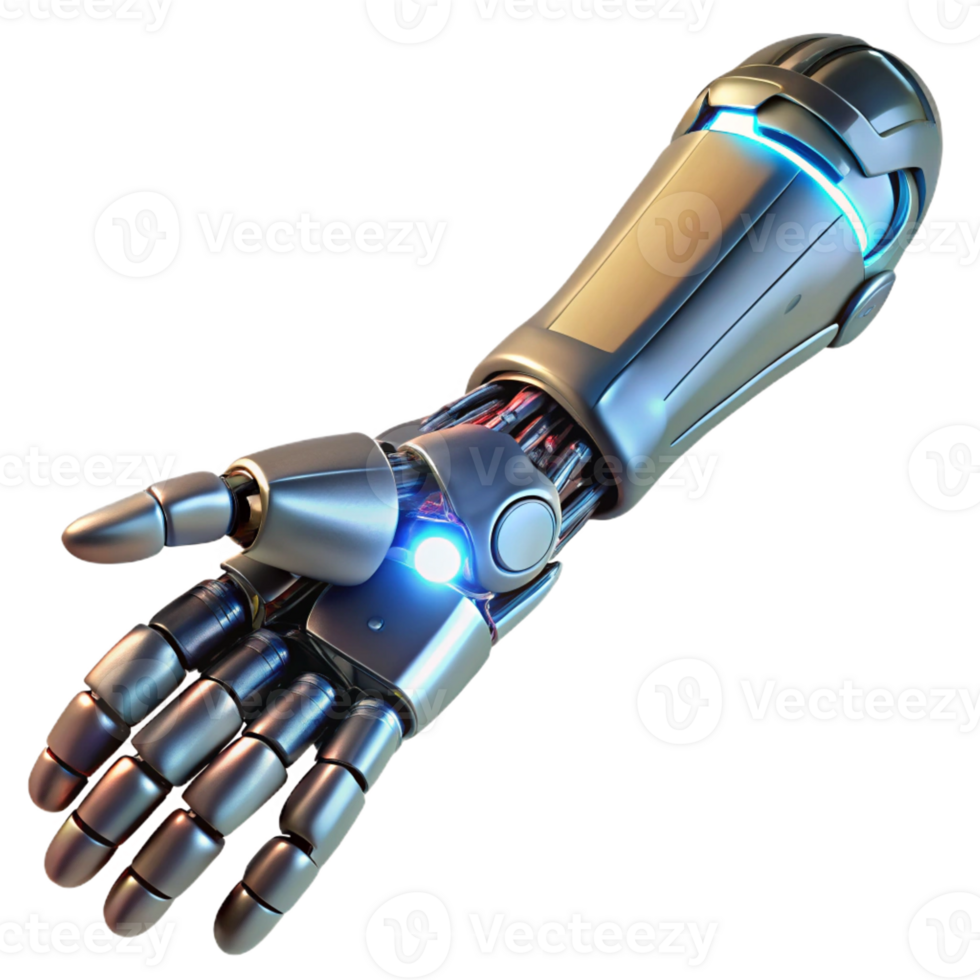 serene abstract A biomechanical prosthetic arm extending towards the viewer, detailed musculature and circuitry visible, lit by a cool, clinical light authentic png