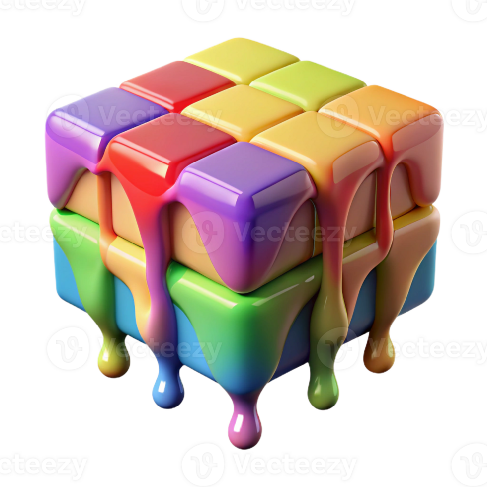 extraordinary abstract A melting Rubik's cube dripping with rainbow-colored liquid, in a pop art style, original png