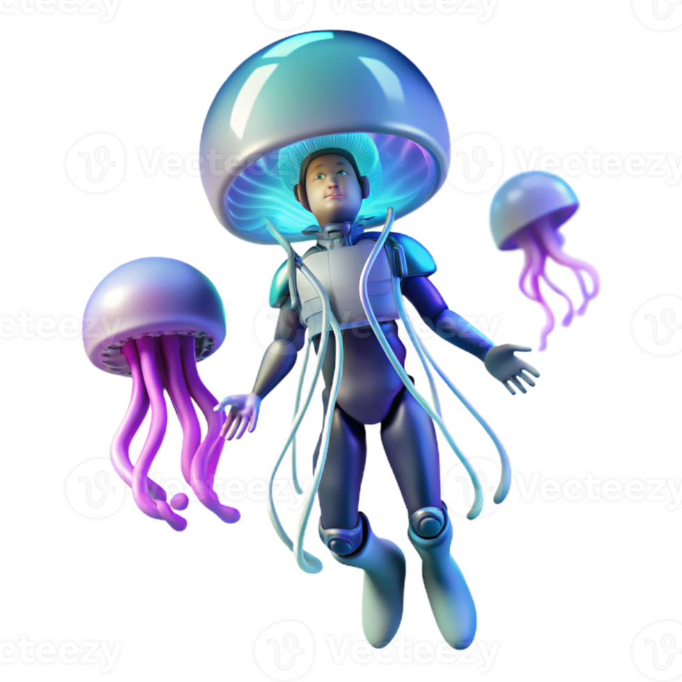 wonderful modern A solitary figure in a spacesuit floats amongst a field of giant, pulsating jellyfish. Science fiction style, cool, neon lighting premium png