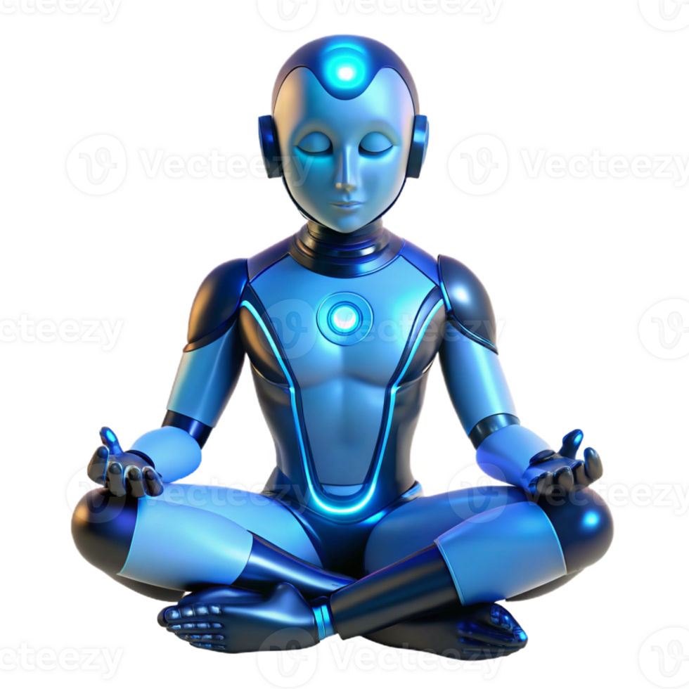 impressive rustic A cyborg with glowing blue circuitry visible beneath their synthetic skin, meditating in a dimly lit room, a sense of tranquility and inner peace genuine png